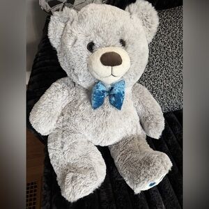 Large 20in Gray Teddy Bear Blue Bow tie & Heart Detail on Foot